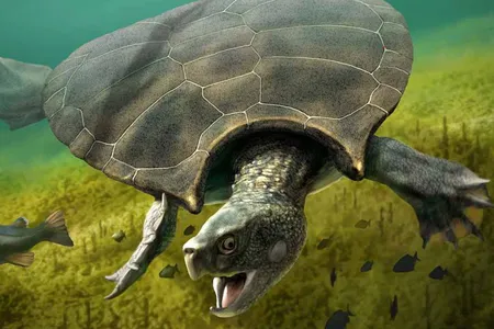 This is a graphic reconstruction of a male Stupendemys geographicus swimming in freshwater.