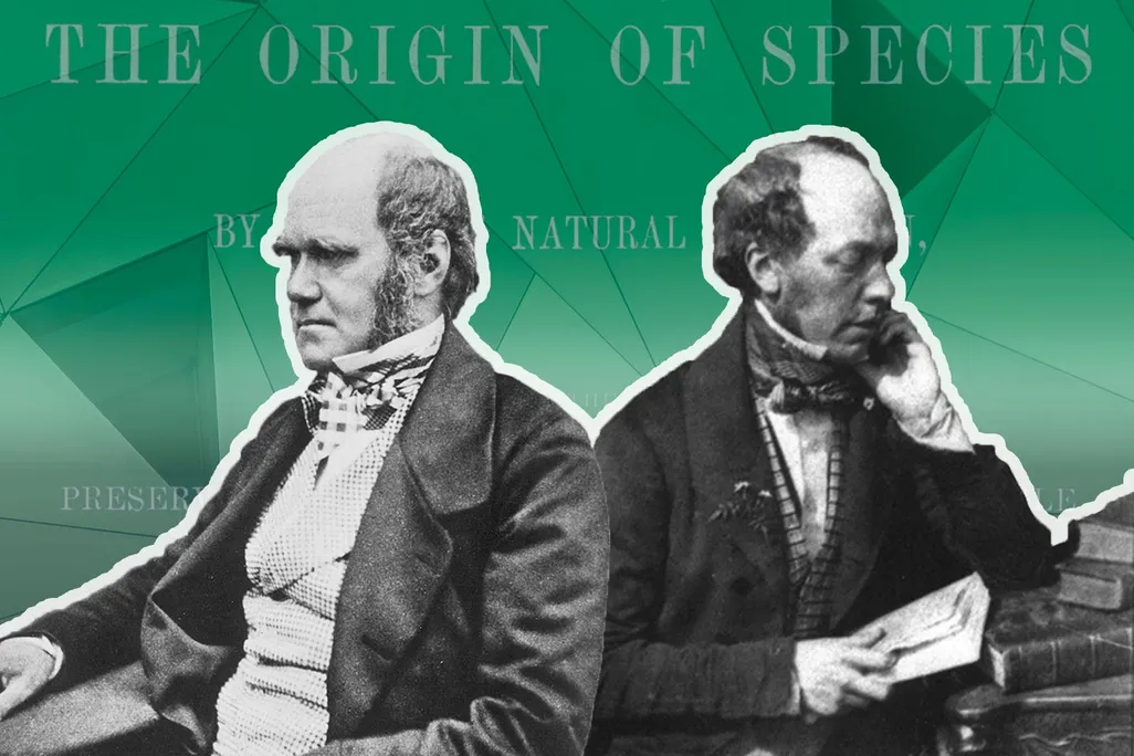 Darwin and John Murray, facing opposite directions, with The Origin of Species title in background