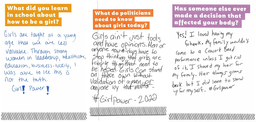 Three cards with visitor messages. One visitor responds to the prompt "What do politicians need to know about girls today" with a message that includes "Girls ain't just tools and have opinions . . . #Girlpower 2022."