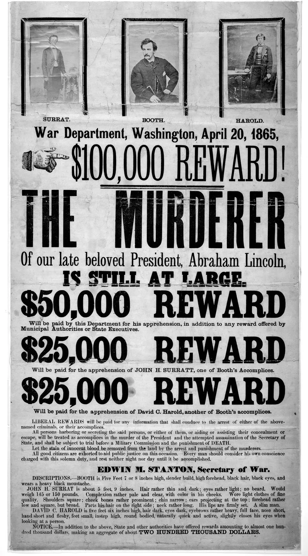 A wanted poster issued for Booth, Herold and John Surratt