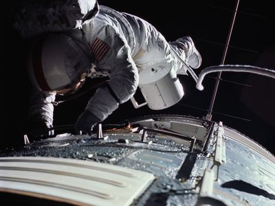 Ron Evans floats outside the Apollo 17 spacecraft on his way back from the Moon in 1972.