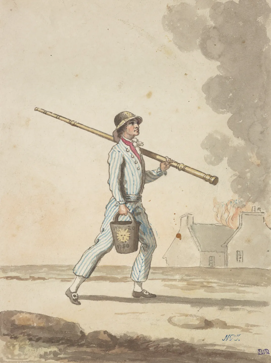 A man in a blue striped suit, carrying a long metal rod and a bucket, walks in front of a burning building