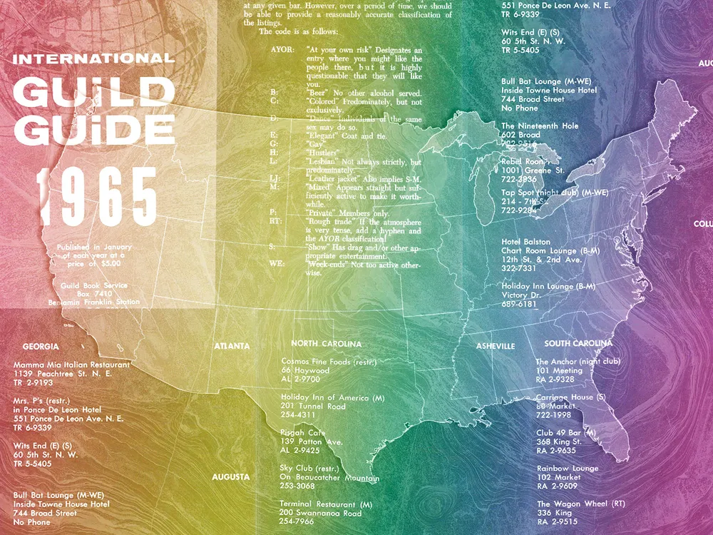 Illustration of U.S. map in front of pages from the International Guild Guide