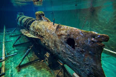 The H.L. Hunley, a confederate Civil War era submarine, sits in its water tank at the Hunley Lab in North Charleston, SC.