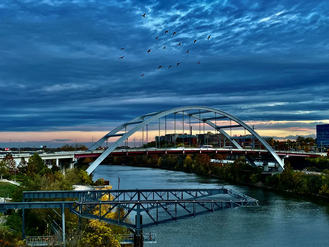 Korean War Veterans Memorial Bridge at dusk