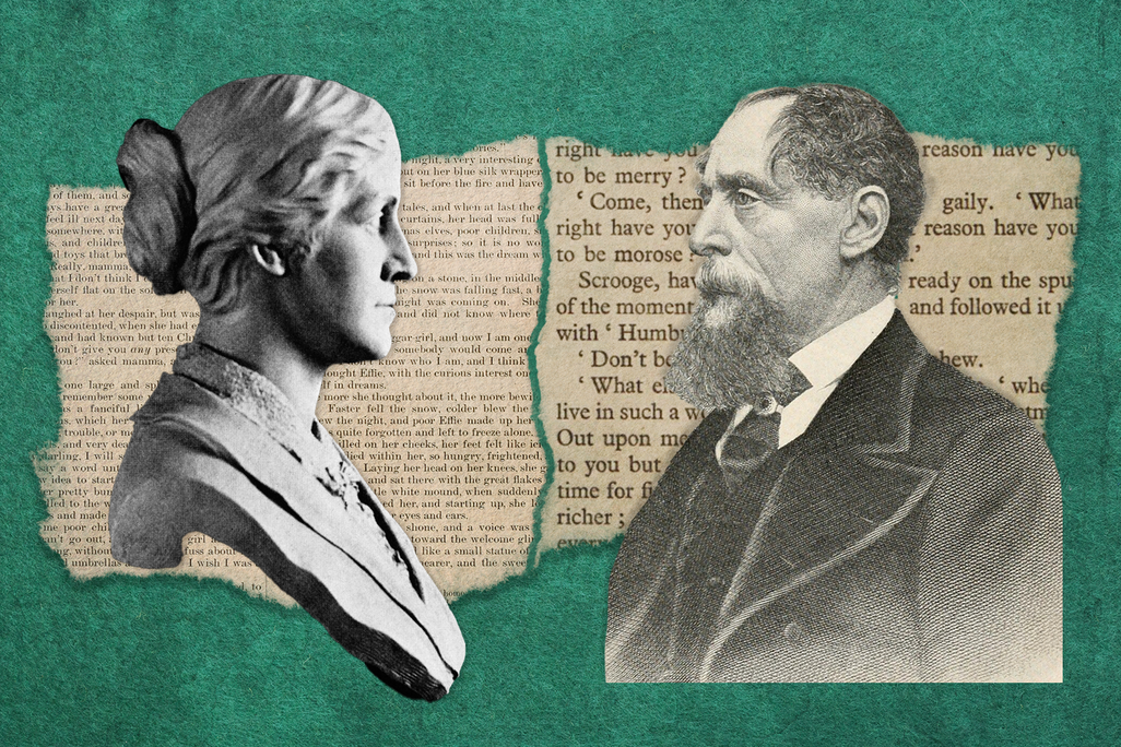 Illustration of Louisa May Alcott and Charles Dickens in front of their respective Christmas stories