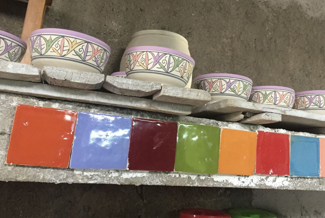 Painted bowls await glazing at a ceramics workshop in Fez. Credit: S. Erdman
