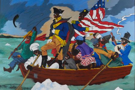 George Washington Carver Crossing the Delaware: Page from an American History Textbook, 1975, Robert Colescott, acrylic on canvas