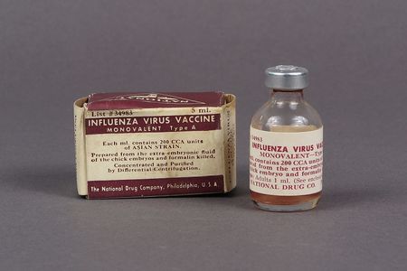 Vial and packaging for the 1957 H2N2 vaccine, at the National Museum of American History. Producing the inoculation required hundreds of thousands of fertilized chicken eggs per day. 