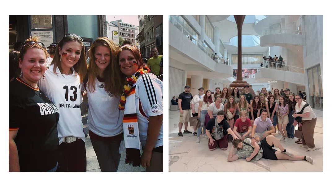 Two photos side by side with groups smiling and enjoying a trip