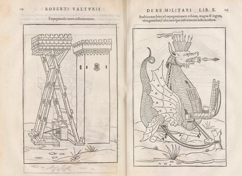 A 16th century book page opening with illustration on either side. Left illustration is of tower. Right is of dragon-shaped mechanism that shoots arrows..