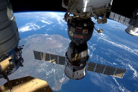 Astronaut Tim Peake took this picture of three vehicles attached to the space station last week (from left, a Cygnus, Soyuz and Progress).