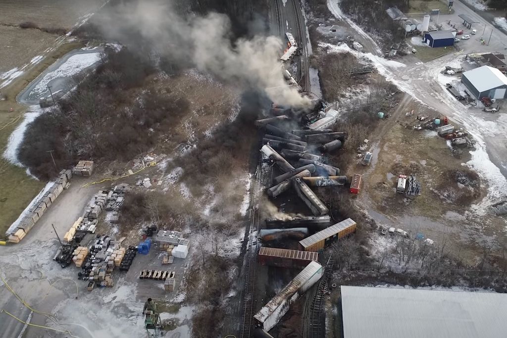 A video screenshot showing the site of the derailed train