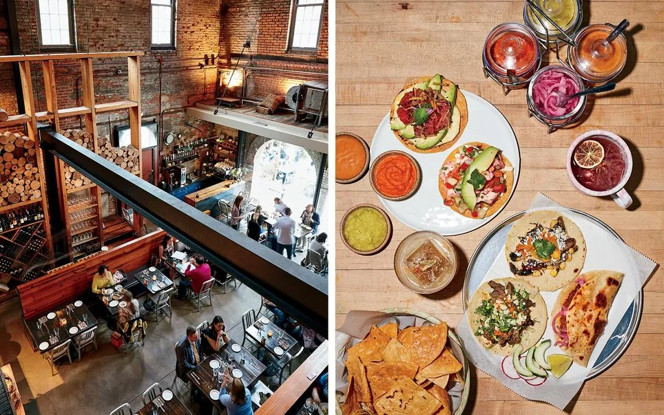 From left: Woodberry Kitchen is located inside an old brick building once used as an iron foundry; Tacos at Clavel, in Remington.