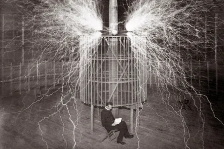 Both genius and impresario, Serbian-American inventor Nikola Tesla reads in his remote Colorado Springs laboratory in 1899 next to a magnifying transmitter that generates millions of volts of electricity. While far too dangerous to sit near—the image is a double exposure—his gigantic Tesla coil created the first human-made lightning.