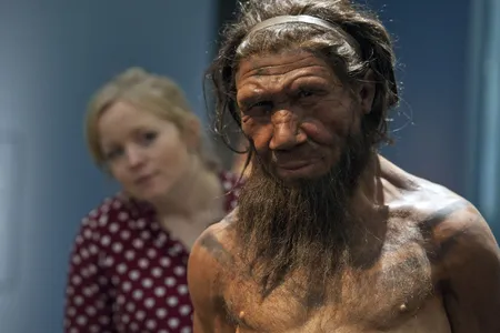 A woman stands behind a model of a Neanderthal at the Natural History Museum in London.&nbsp;Contrary to the narrative that early humans left Africa roughly 50,000 years ago, a new study finds our species migrated from the continent on multiple occasions.