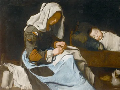 In A Woman Sewing With Two Children, the central character wears a light wash denim apron.