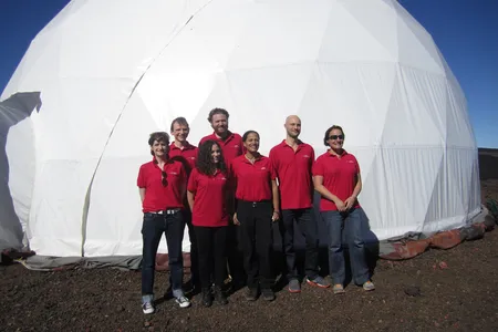 Kate Greene (far left) and crewmates outside their HI-SEAS habitat in Hawaii in August 2013.