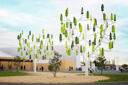 A "wind tree" installed at the COP21 climate talks in Paris. Each tree produces enough energy to light 71 parking spaces (or power one average American home for four months).