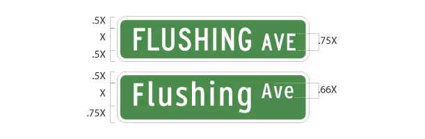 A comparison between the old Highway Gothic signs (top) and the new Clearview signs (bottom).