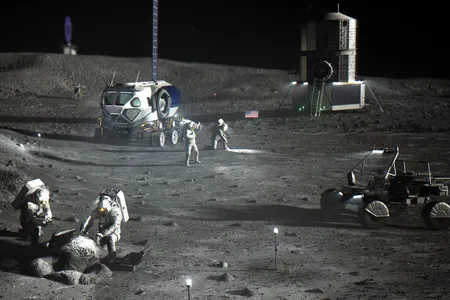 An artist&rsquo;s rendering of astronauts working near NASA&rsquo;s Artemis base camp, complete with a rover and RV.