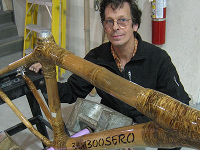 Legendary bicycle builder Craig Calfee working on a handmade bamboo bicycle.