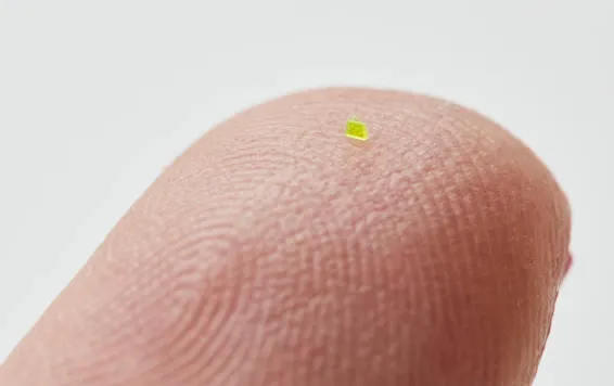 Tiny green handbag on a human fingertip