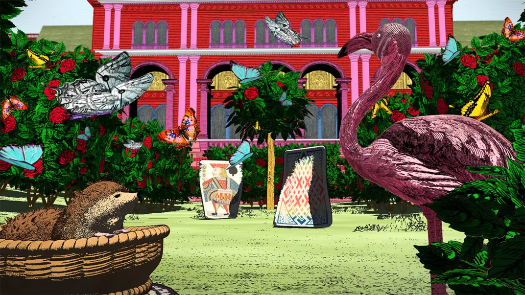 A scene in a croquet garden, with a hedgehog in a basket and a flamingo in foreground and two playing cards standing up in the background; portrayed in a whimsical illustrated similar to a children's cartoon book