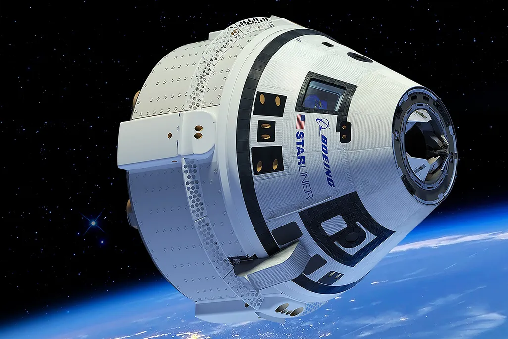 An illustration of the Boeing CST-100 Starliner spacecraft, currently docked to the International Space Station as engineers troubleshoot thruster and helium leak issues.