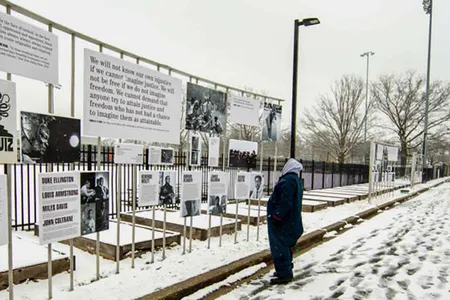 The exhibition is on view near a neighborhood recreation center that holds classes and homework time, even during the pandemic, and an all-boys high school. "I just feel like this block amplifies all of the messages expressed in the exhibit," says one of the show's organizers.