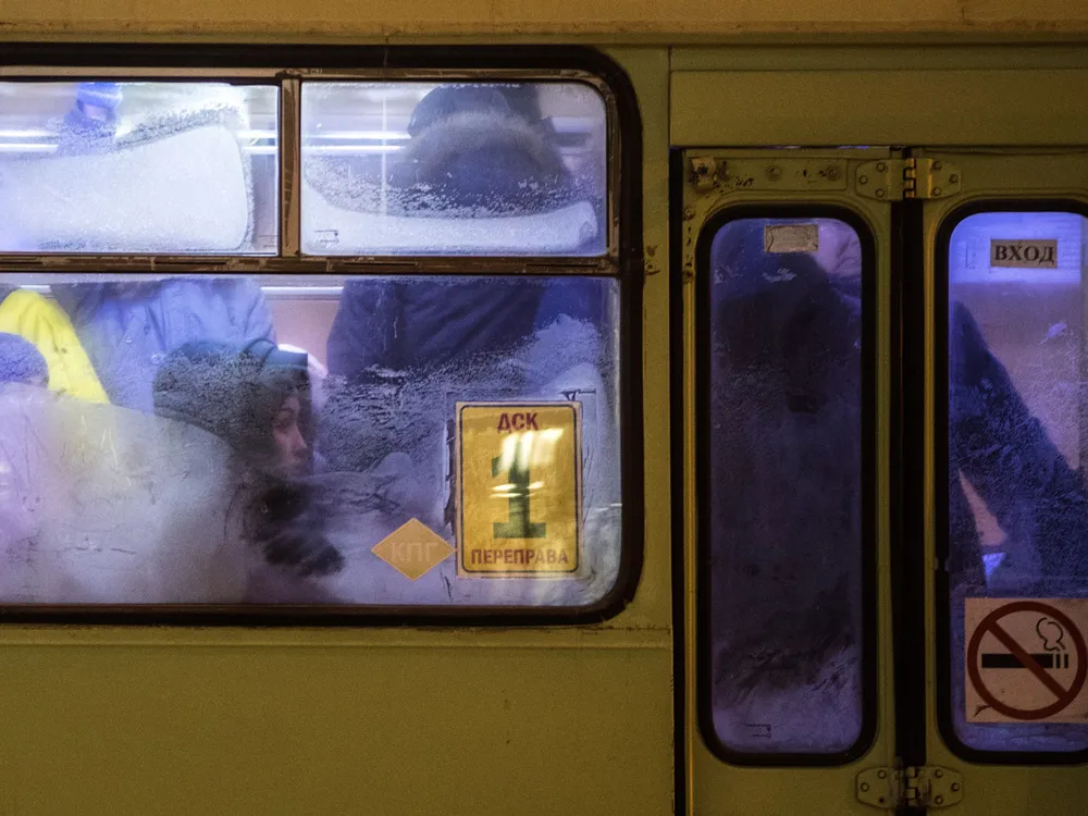 Commuters behind frozen bus windows in Yakutsk