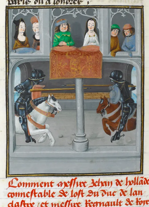 Detail of a miniature of a joust between John de Holand and Regnault de Roye
