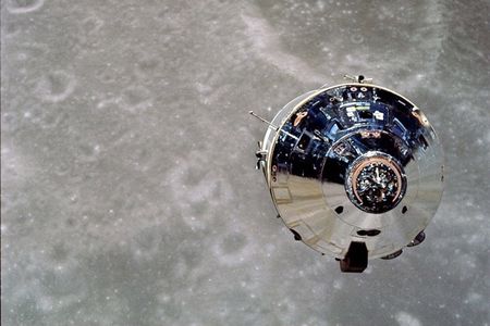The Apollo 10 Command Module, "Charlie Brown," as seen from the detached Lunar Module, "Snoopy."