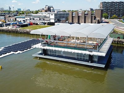 A prototype floating dairy farm in Rotterdam, Netherlands is home to 35 dairy cows. In the future, similar platforms will be set up nearby to grow vegetables and farm eggs.