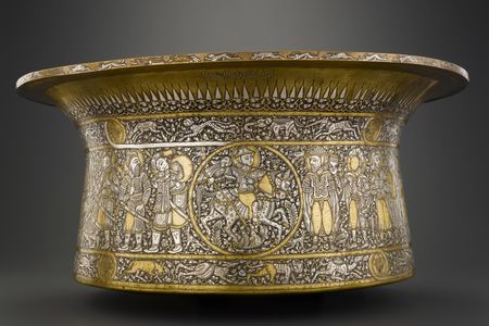 Baptistery of Saint Louis basin, engraved and inlaid copper alloy, silver, gold and black compound,&nbsp;Egypt or Syria,&nbsp;Mamluk dynasty, ca. 1325-1340