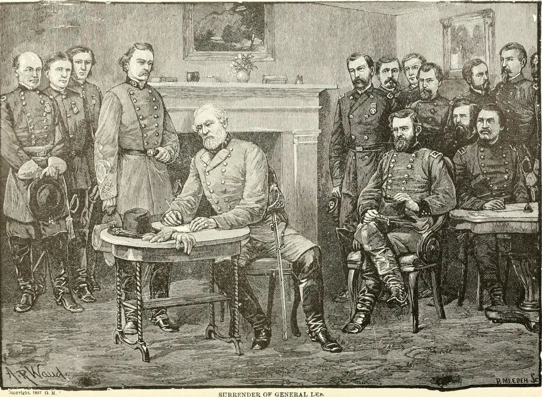 An illustration of Robert E. Lee's surrender to Ulysses S. Grant at Appomattox Court House on April 9, 1865