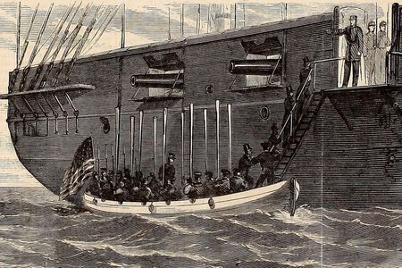 This illustration from the November 30 issue of Harper's Weekly depicts the two Confederate commissioners being brought aboard the San Jacinto after being removed from the RMS Trent.