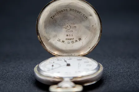 The watch is engraved with the words, &quot;THEODORE ROOSEVELT FROM D.R. &amp; C.R.R.&quot;