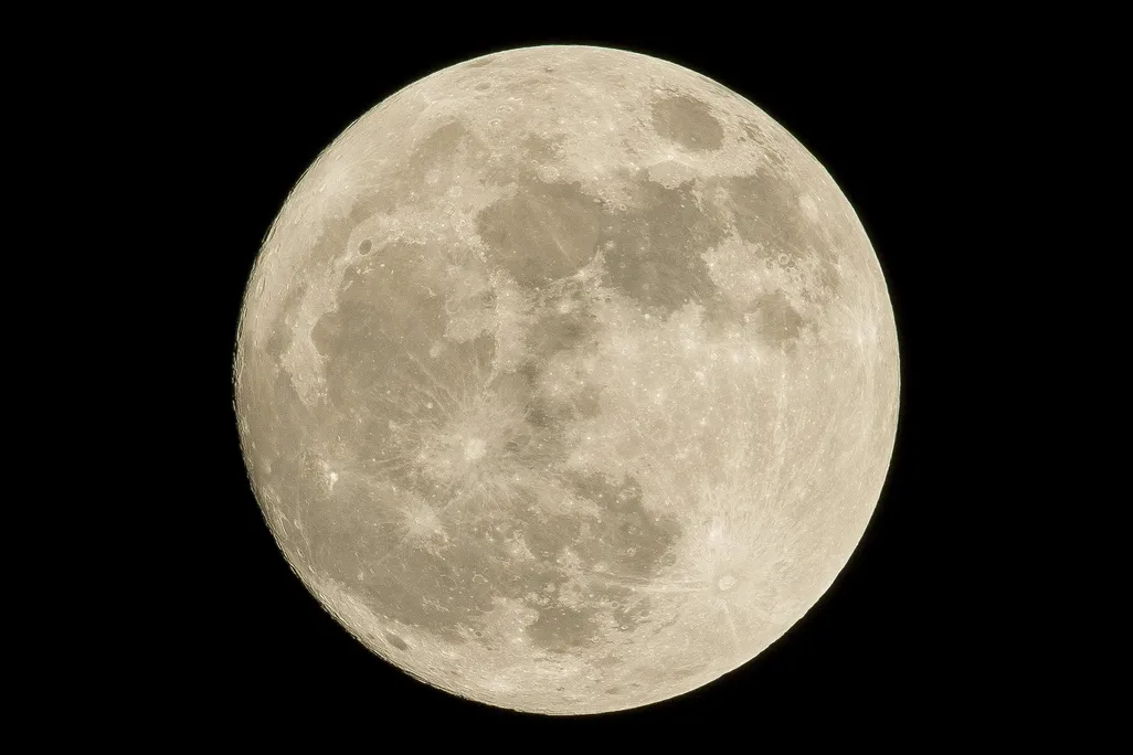 An image of the moon in front of a black sky. The moon is illuminated, and its craters is visible in various shades of white and gray.