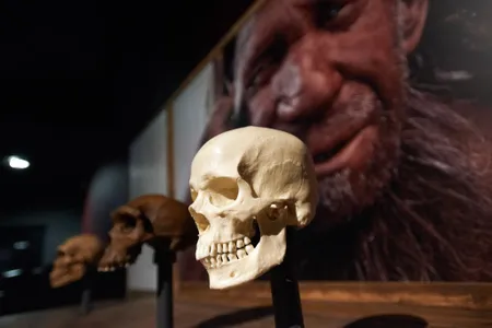 A human skull on display with earlier ancestor skulls and a picture of a Neanderthal man at the Museum of Natural History of Toulouse. 