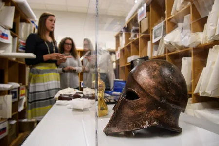 A reproduction 5th century Corinthian helmet given by a visiting Greek Army officer. It's become the logo for "The Art of War – Gifts of Peace" initiative.