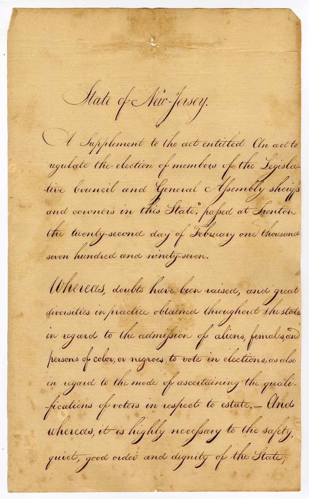 A page from the 1807 electoral reform law, which disenfranchised women and Black Americans