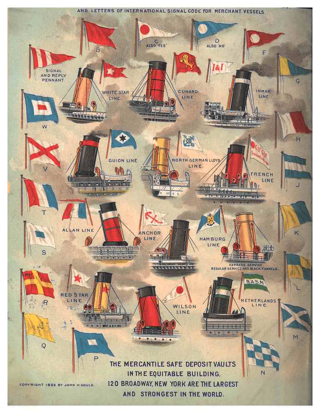 19th century illustration of various ship funnels and flags.