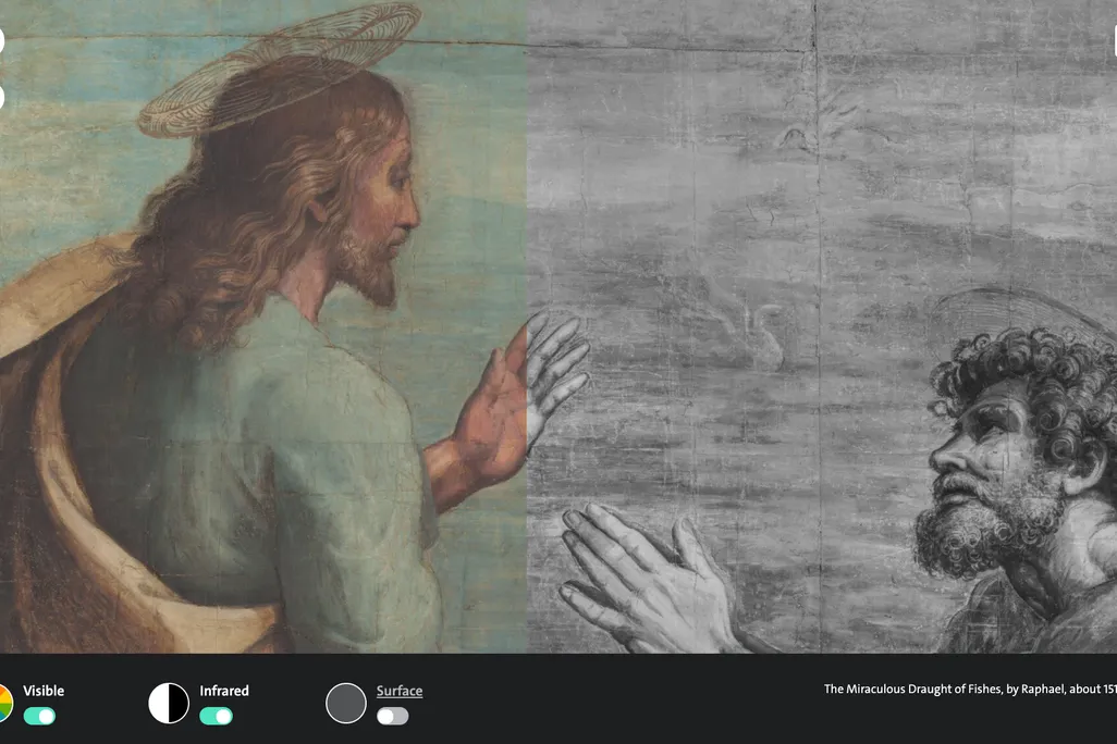 Jesus, with a halo and wearing a sea-green vestment, raises his hand and looks down at Simon, who has his hands clasped and looks up at Jesus
