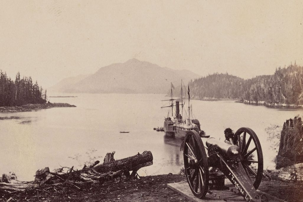 View of the S.S. Pacific anchored near Fort Tongass in Alaska in 1868