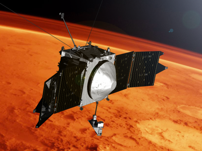 An artist's rendition of Maven as it spies on Mars' atmosphere.