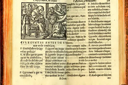 In this page from Confessionario En lengua Castellana y Timuquana Con algunos consejos para animar al penitente (Confessions in the Castilian and Timucua Language, with some tips to encourage the penitent.), Spanish is at left and the translation of Timucua is at right.