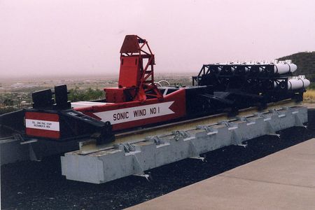 The Sonic Wind 1 rocket sled, which was powered by nine solid fuel rockets with 40,000 pounds total thrust for five seconds. Credit: Smithsonian’s National Air and Space Museum