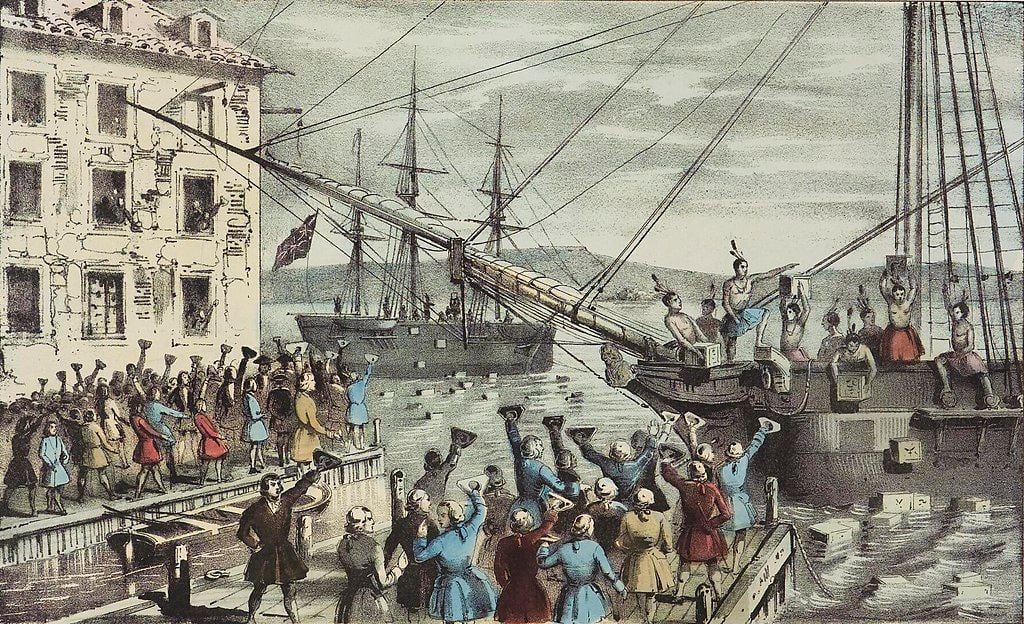 A 19th-century lithograph of the 1773 Boston Tea Party