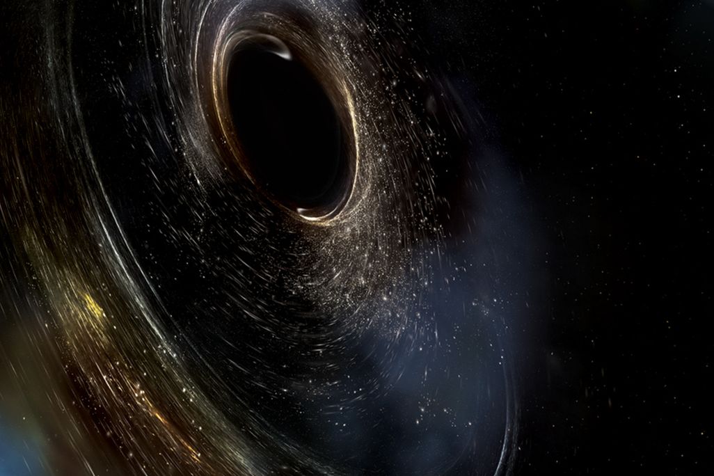 Artist’s conception of two merging black holes, spinning in a nonaligned fashion.